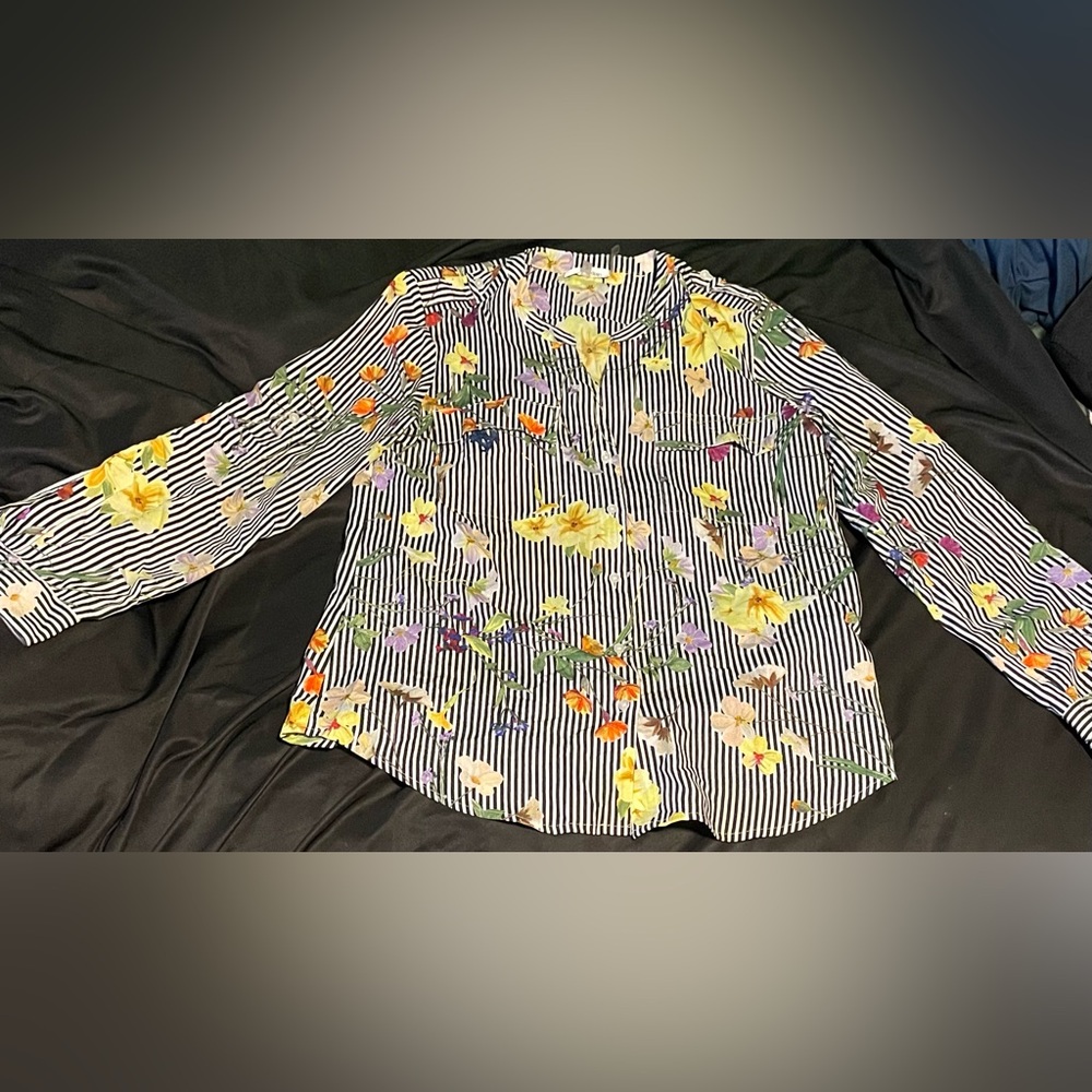 Calvin Klein Striped Floral Botanical Long Sleeve Blouse Medium